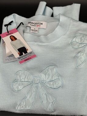 Bridgerton Netflix Blue Bow Lace Applique Sweater Small Coquette Regencycore